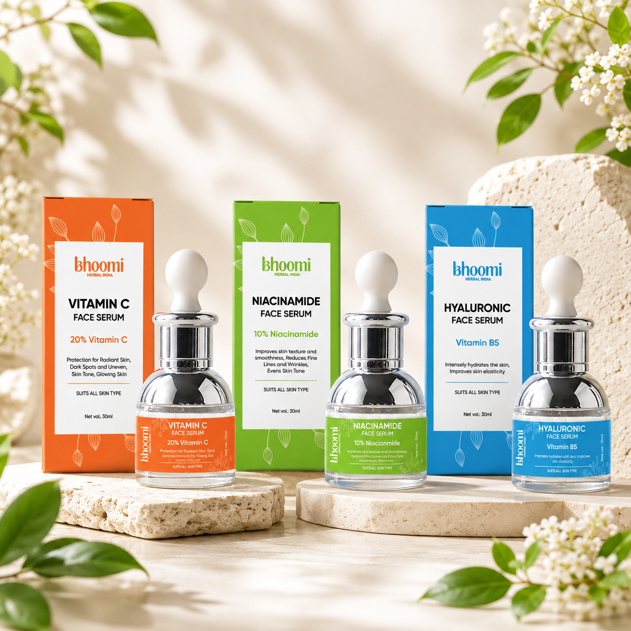 Bhoomi skincare serum bottles and boxes on a natural background with plants.
