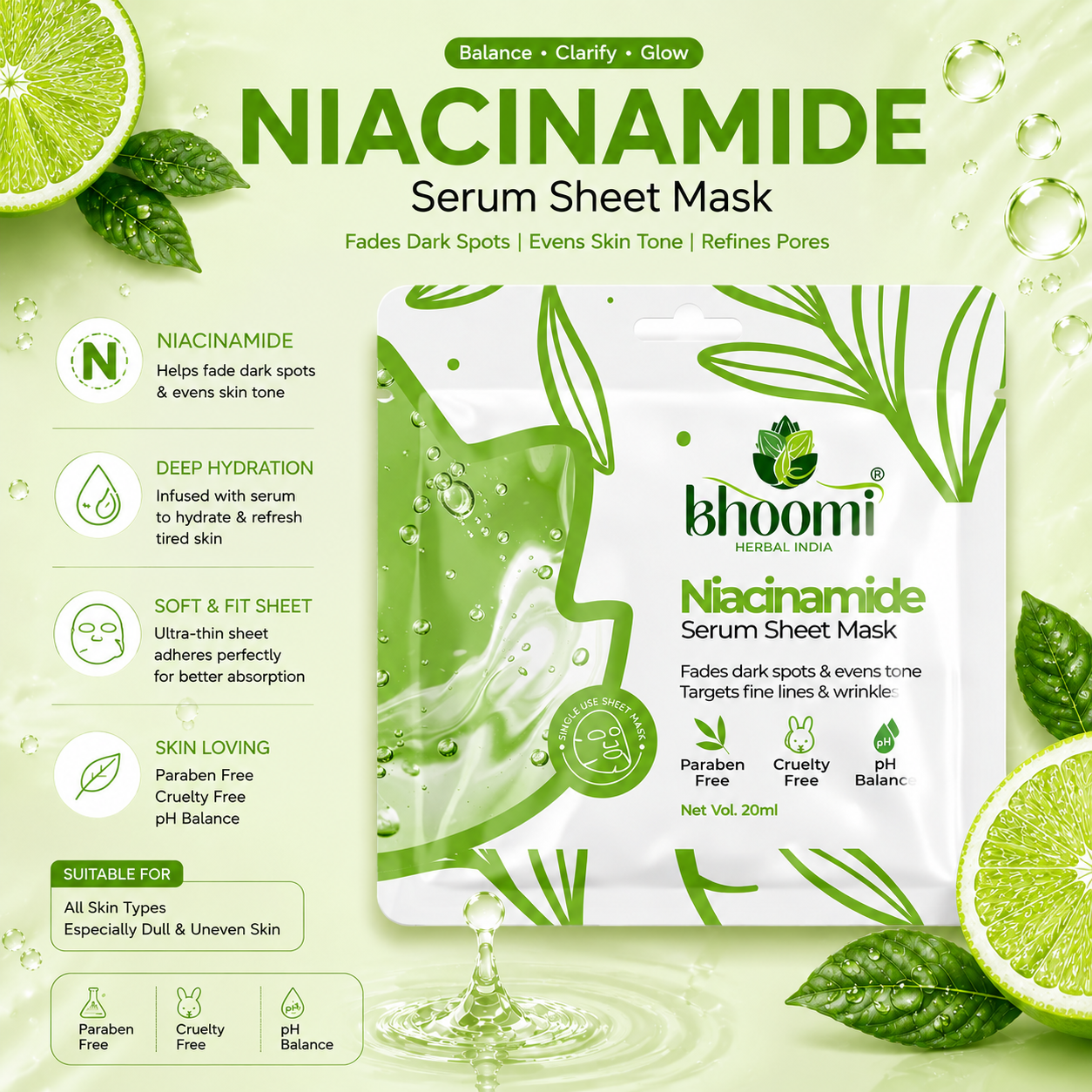 Bhoomi Herbal India Niacinamide Serum Sheet Mask (20 ml)