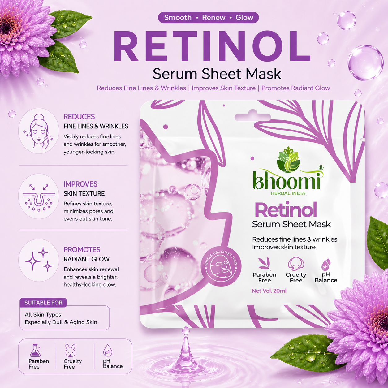 Bhoomi Herbal India Retinol Serum Sheet Mask (20 ml)