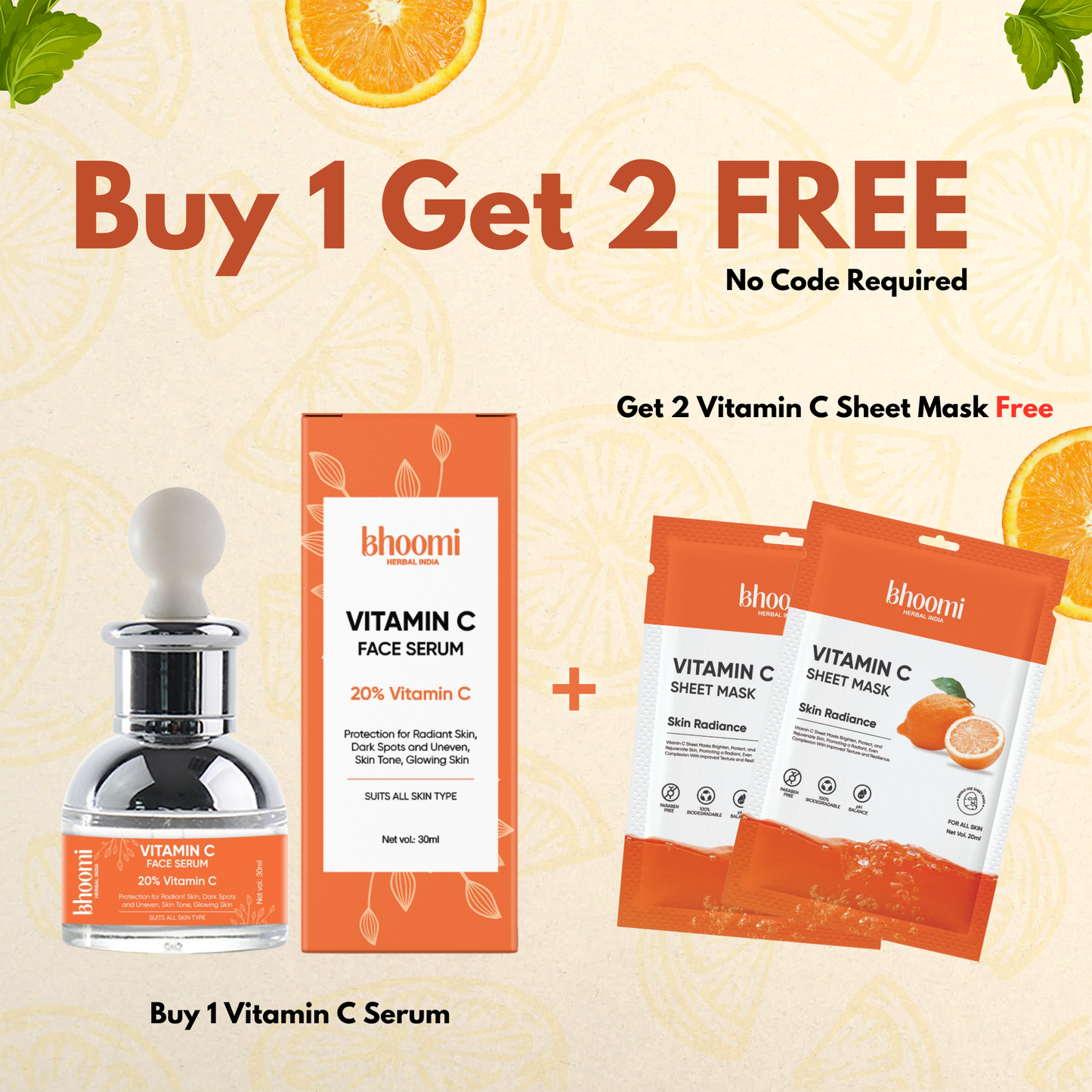 Buy 1 Get 2 FREE | Buy Bhoomi Herbal India Vitamin C Face Serum (30 ml) + Get 2 Vitamin C Sheet Mask FREE