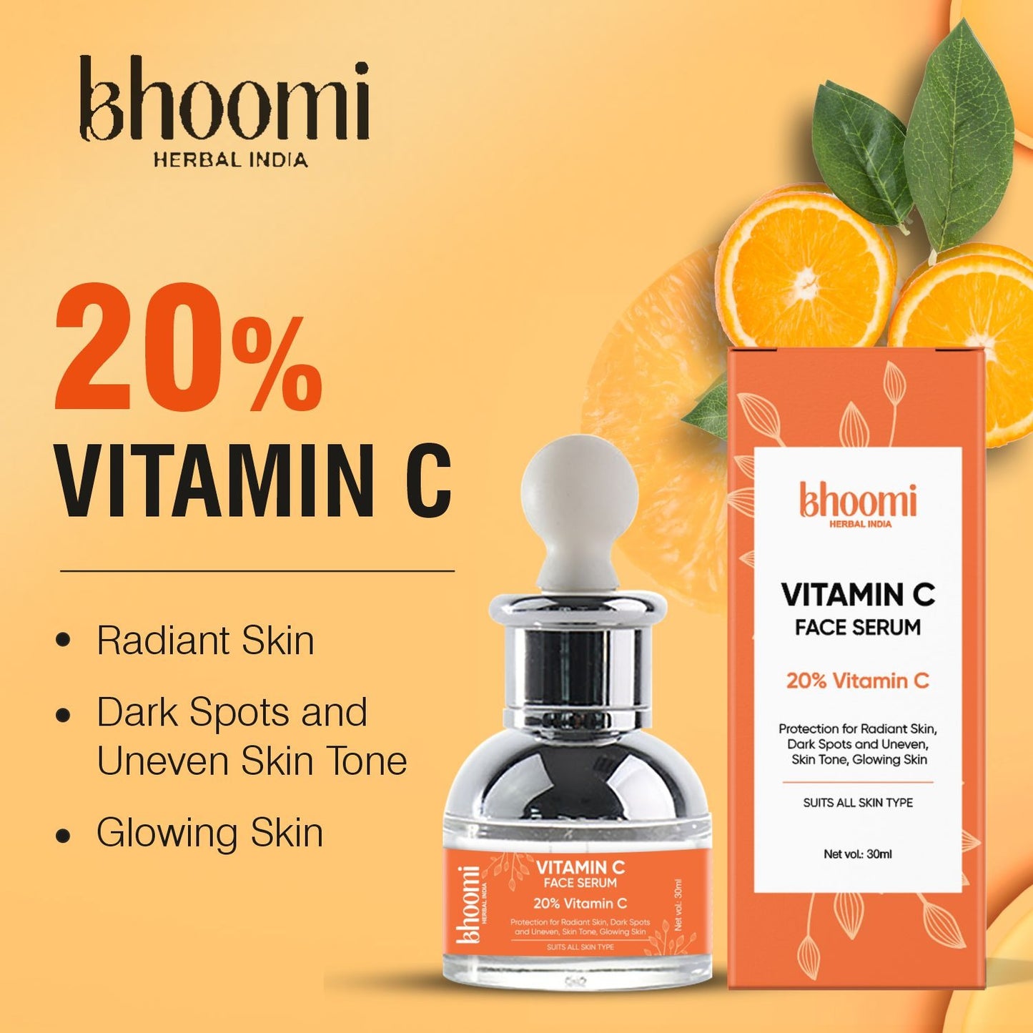 Buy 1 Get 2 FREE | Buy Bhoomi Herbal India Vitamin C Face Serum (30 ml) + Get 2 Vitamin C Sheet Mask FREE